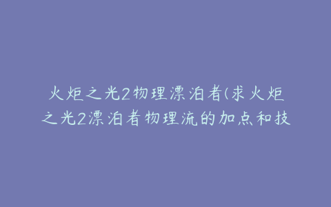 火炬之光2物理漂泊者(求火炬之光2漂泊者物理流的加点和技能加点我用双枪的)